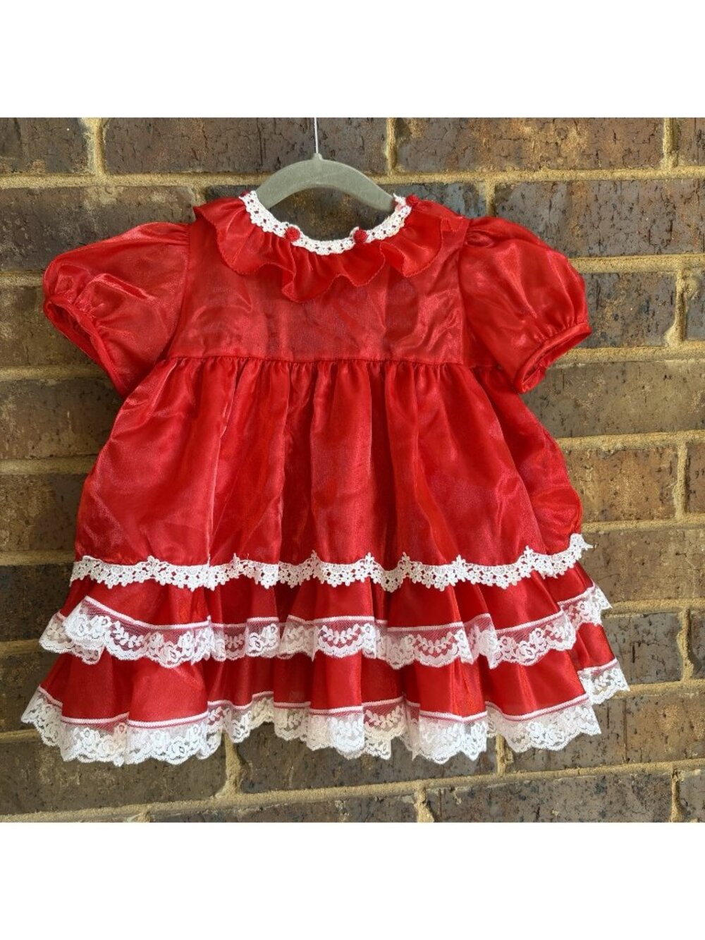 VTG Red White Lace Tiered Full Circle Pageant Ruffle Dress 24M Lace Me Fancy